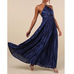 Lulus Elaborate Charm Maxi Dress Womens Navy Blue Satin Pleated Adjustable Strap
